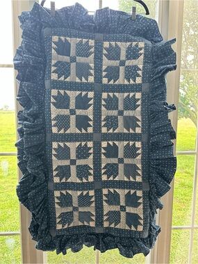 Vintage Handmade Blue Patchwork Quilt King Size Ruffled Edge Cottage Farmhouse